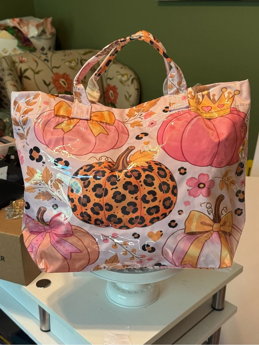Stylish Pink PVC coveredPumpkin Print Tote Bag fabric lining. NWT